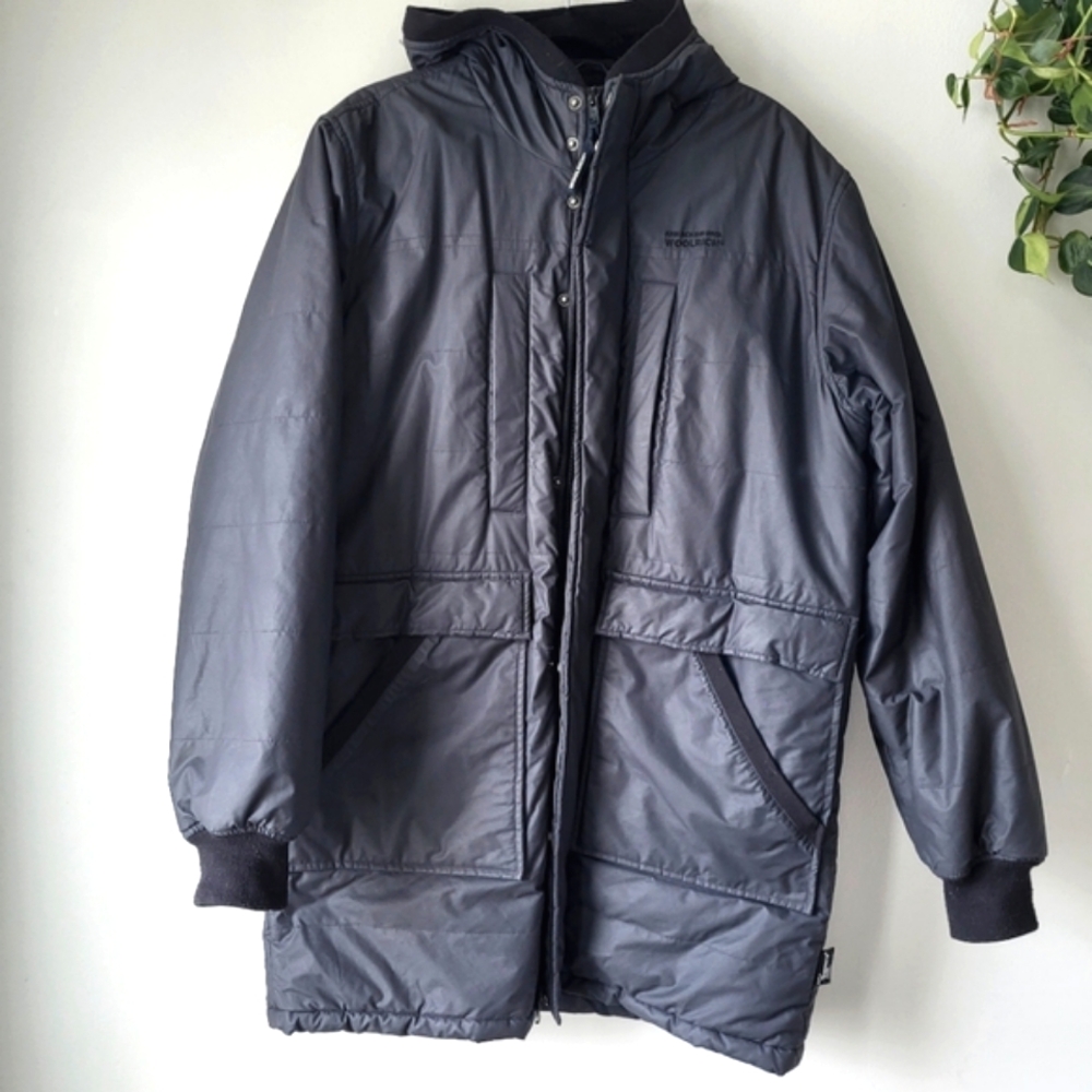 Woolrich charcoal black hooded winter zipper snap front closure Sz XL